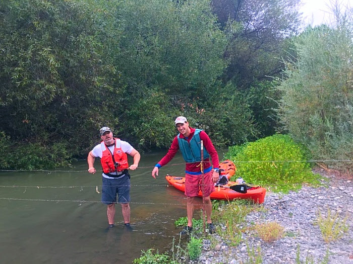 One of two barbed wire fences stretching across the entire river, threatening boaters. Luckily the Don saw the fence and got the crew out as it was not well flagged and had no way for us to pass. Don finally used his multi-tool to unstrap the lower wire to allow boats and people to pass. The fence was installed across the entire river channel as a rancher had a herd of cows that had free access to the river over about half mile of river.